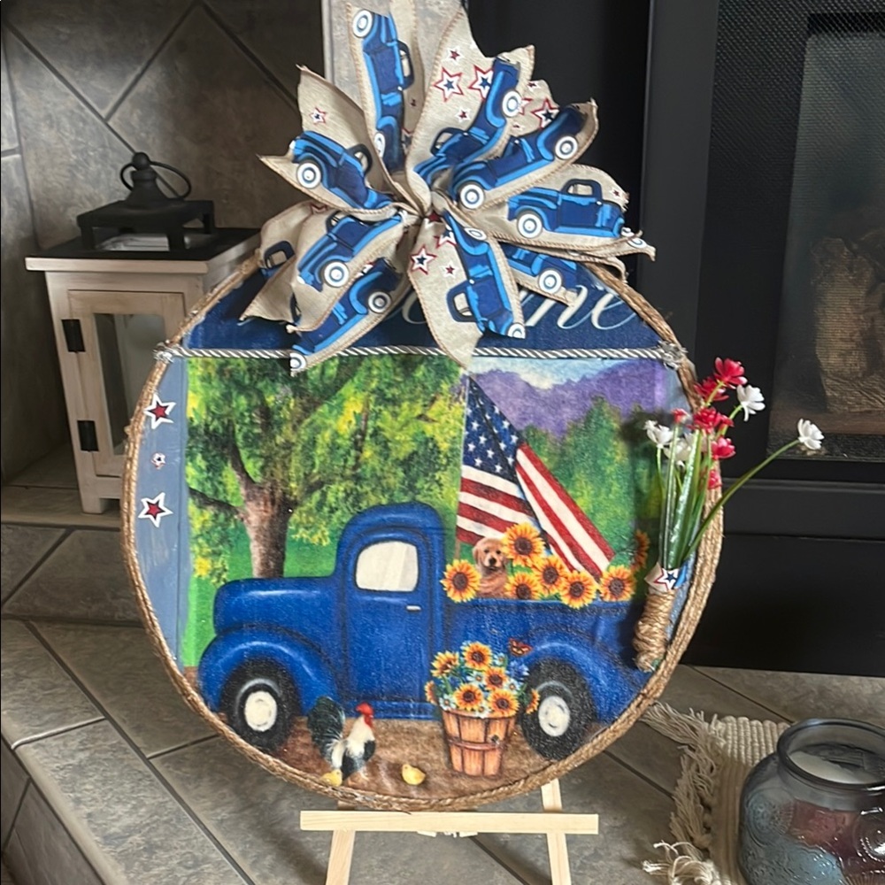 Rustic Blue Truck Wall Decor with Bow
